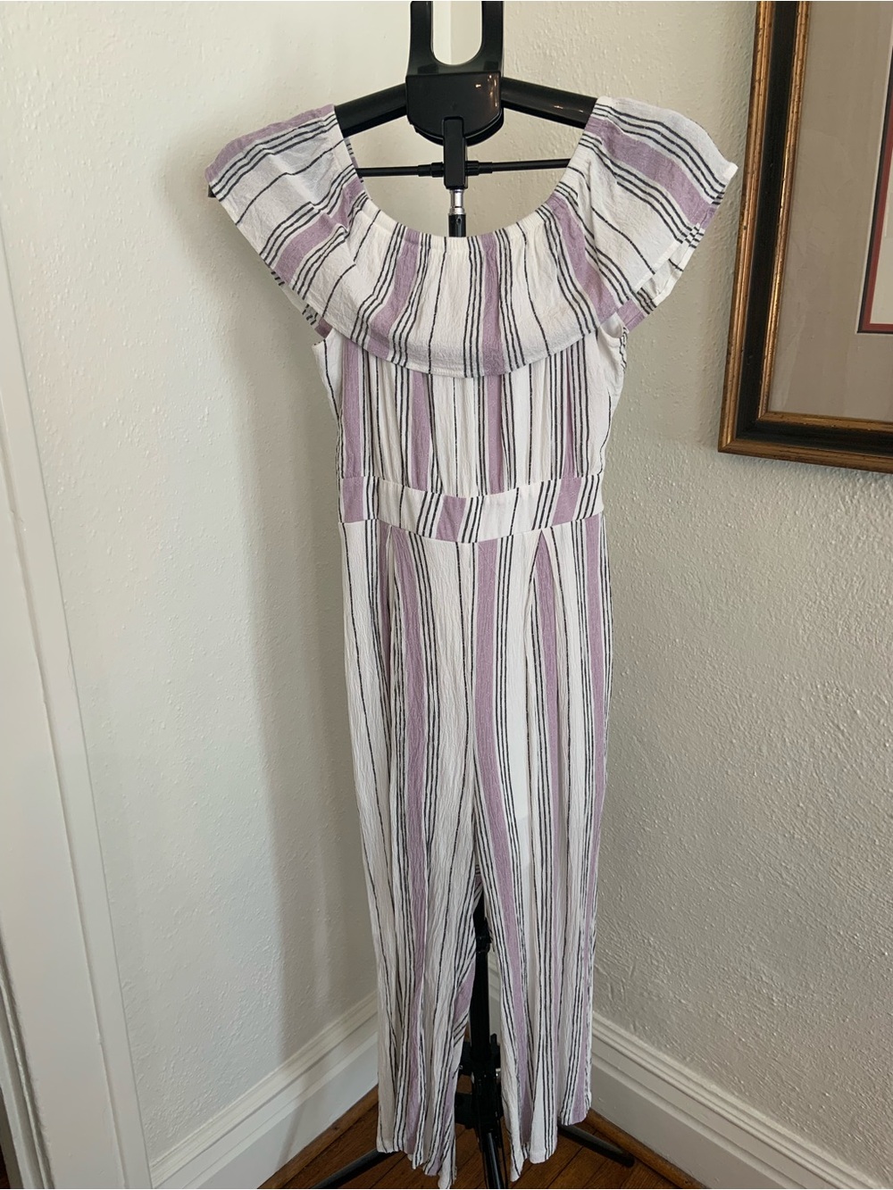 Harper Striped Purple & White Off Shoulder Jumpsuit